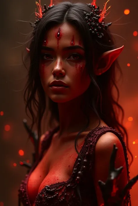 upper body shot, a dark female fire fairy with fiery red skin, ethereal and unreal appearance, (((Fire Red Skin: 1.4))), red eyes, red/black hair, pointed ears, natural obsidian ornaments, complex fantasy character