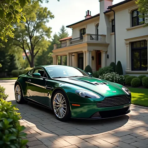 Автомобиль марки Aston Martin V12 Vantage 2010 года, dark green ,  stands on the driveway of a luxurious mansion in America