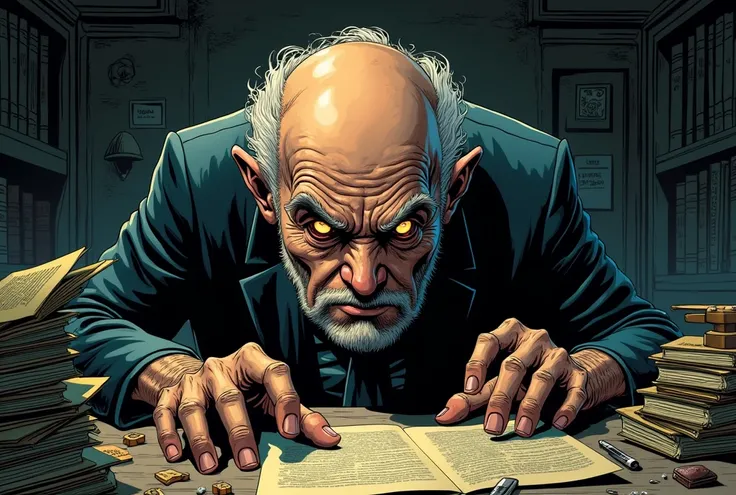 comic,  old man comes up with a greedy idea in his head, sinister face 