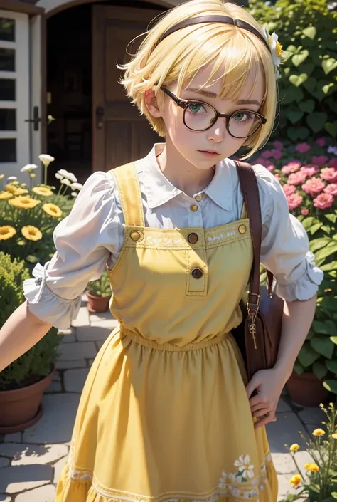 1girl, standing portrait, Central Focus, Centered, Fully in-frame, Solo, Standing still, zoomed out, round_eyewear

Gender: female

Appearance: yellow-haired girl with short hair and round  glasses, she wears a green Dutch-style attire with a cottage-core ...