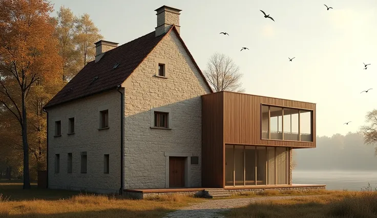 (photo raw) (perspective darchitecture) vue lointaine  dune maison bourguignonne en pierres, avec une petite (30 m2 environ) extension contemporaine tres minimaliste en bois clair.

La maison ancienne est en pierres, encadrement de fenêtres et angles de mu...