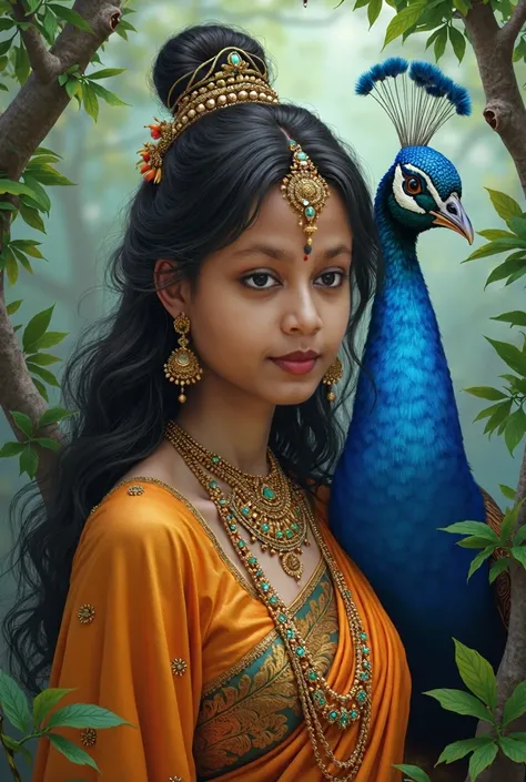  girl as a radharani getup with a peacock and blue green natural background 