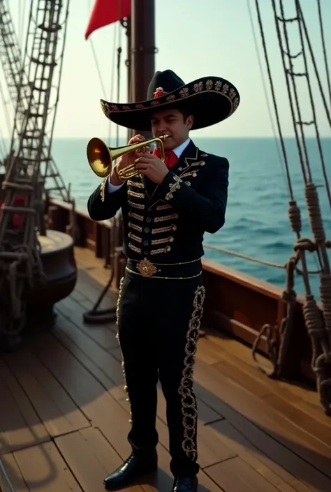 Create the image of a mariachi with a trumpet whose face is covered by the shadow of the Mexican hat and that everything is on the deck of a Chilean ship