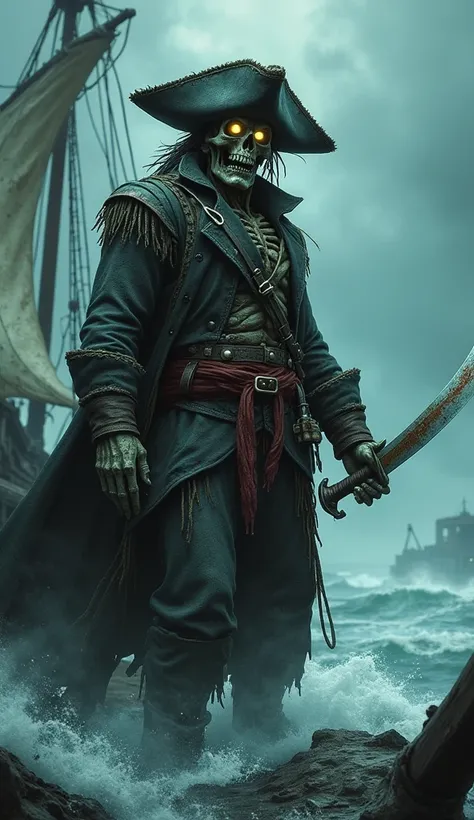 ((A fearsome pirate zombie captain)) stands tall on the deck of a ghostly ship, his rotting body adorned with tattered clothes, barnacles, and seaweed. His eyes glow faintly beneath his wide-brimmed captain’s hat, and in his skeletal hand, he wields a cutl...