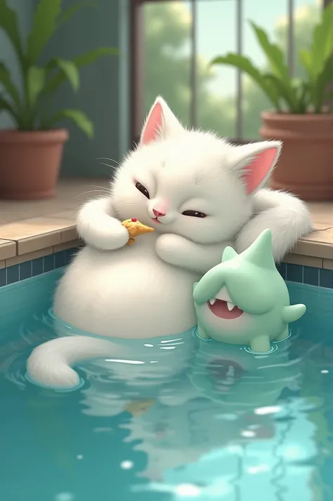 Furry cat, white fur, long tail, being fed by slime, big belly, indoor pool