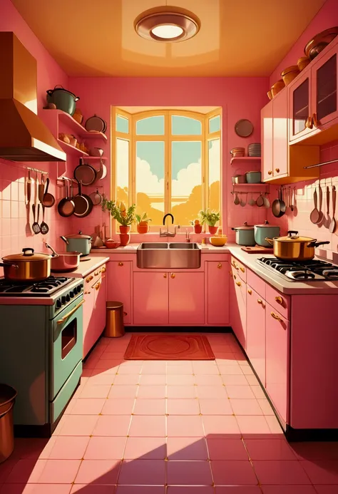 Create a retro-style digital illustration of the inside of a home kitchen through a soft pinkish lense. The scene should have strong contrast between the cooking pots and pans and cupboards and the bright kitcheny, with golden light casting dramatic shadow...