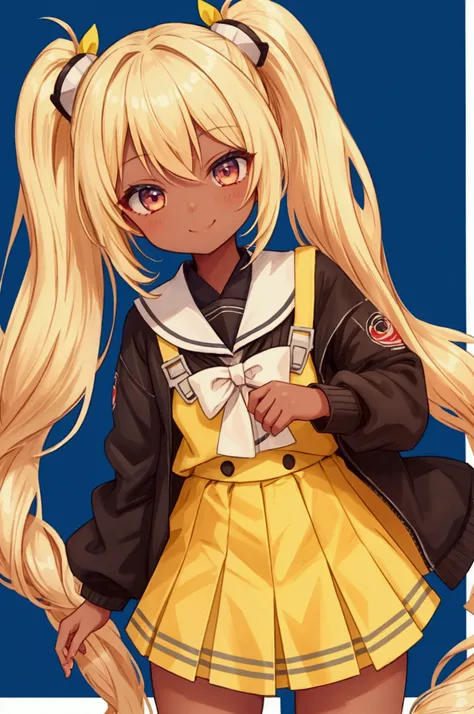 girl,dark skin,blonde hair,drillroll twintail,smile