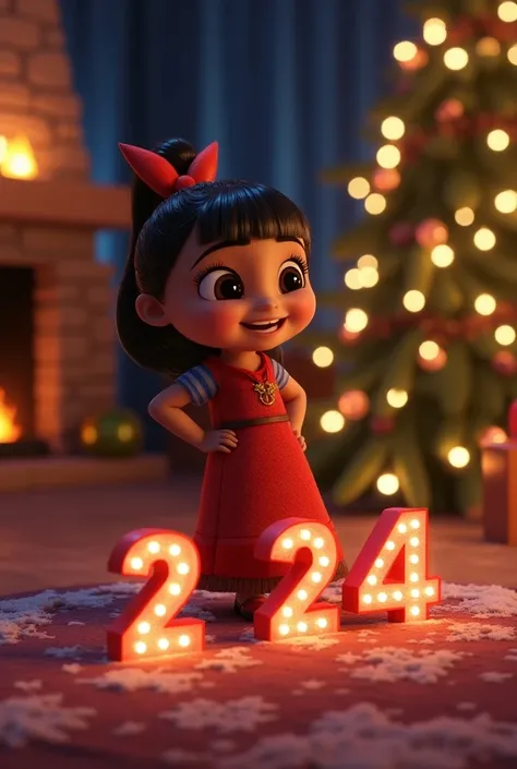 Coco personnage  disney 3D, décor Noël  cheminée et sapin noël avec chiffre 24 en 3D" 