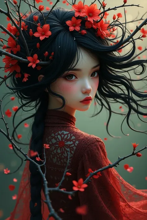 Official Art, Unity 8k Wallpaper, Ultra Detailed, Beautiful and Aesthetic, Masterpiece, Top Quality, (Photorealistic:1.4), (Zentangle, Mandala, Entanglement, Entanglement), (Flower Ecstasy:1.2), (Fractal Art:1.3), (Very many small flowers on the girls head...