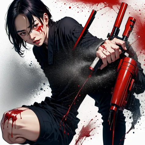 Animation man Japanese man looks like a serial killer with blood on his face and holding a gun