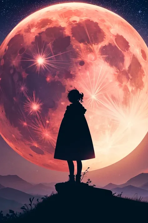 Best Quality,Big moon and shadow,A silhouette of a person can be seen against the backdrop of a large moon.,There is one full moon,There is a mood,Beautiful scenery,Starry Sky