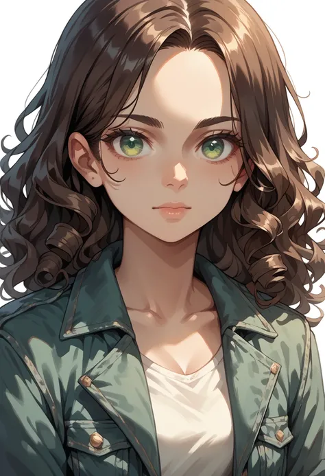 1Woman, solo, close-up, curly hair, dark brown hair with a strand partially covering the left eye, green eye half-closed, casual outfit with a fitted denim jacket, calm expression, white background
