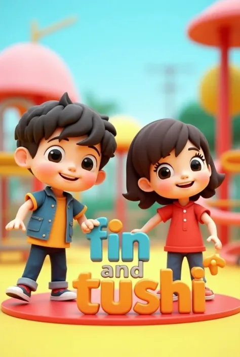 Create a 3D logo with playground with a text "Tasfin and Tushi" and a cute carton boy and Carton Women