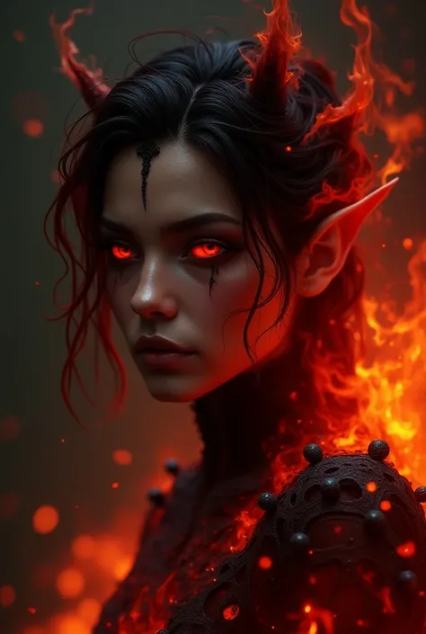 upper body shot, a dark ghostly female fire fairy with fiery red skin, ethereal and unreal appearance, (((Fire Red Skin: 1.4))), red eyes, red/black hair, pointed ears, natural obsidian ornaments, complex fantasy character