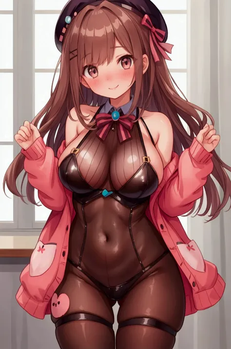 girl,lulu suzuhara、brown hair、beret、smile、embarrassed、large breasts、 bodysuit、see-through、 looking here 、 high resolution ,high ...