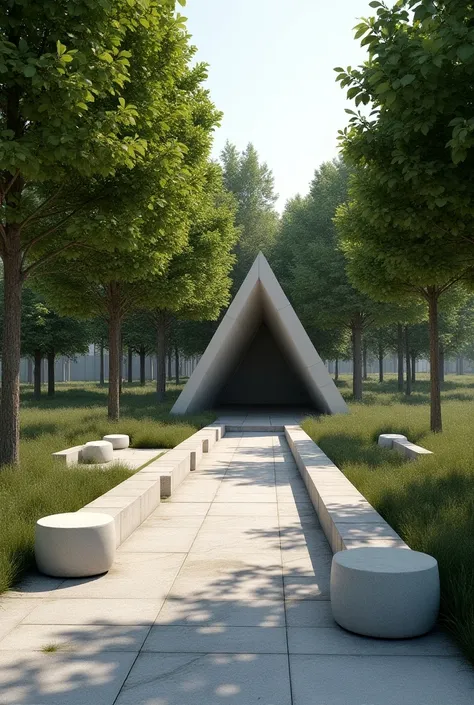 Professional 3D rendering of the design of a space on a walking path with lush trees and a space in the shape of a triangle and ten meters long with recessed and protruding corners of the material that are put together in different sizesBetween the sides o...