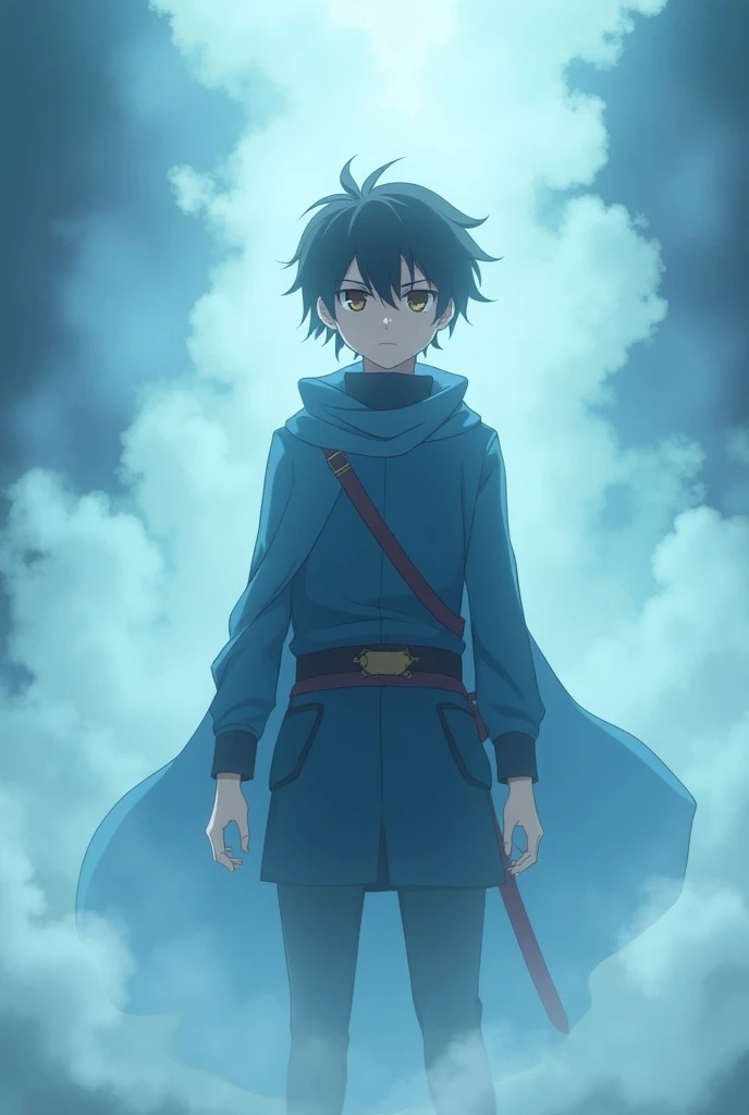 Create a anime image of Mist Lord teen protagonist in your novel wields a mysterious and formidable mist blessing, giving him control over a thick, ethereal fog that can envelop the land. He is lean, with sharp, perceptive eyes that hint at his tactical na...