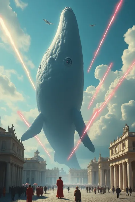 A giant and powerful dick surrounded by flying whales that release lasers, In the Vatican 