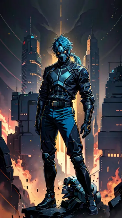 A man with blue hair tied in a ponytail, his face concealed by a falcon concept mask, full mask, stands tall and imposing, a futuristic sci-fi style short jacket, a dark bodysuit, matching trousers, a belt cinched at the waist, colorful gloves, he stands a...