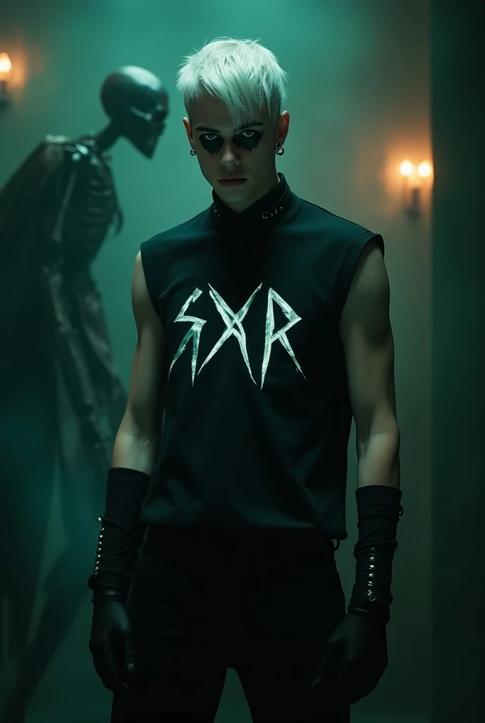 In this photo, a handsome 17-year-old man, handsome, silver-haired, skinhead, soaking wet, black eye makeup flowing, clear muscle shape, wearing a black sleeveless shirt, with the Gothic SXR lettering, glowing, shining down to his eyes, wearing black panti...