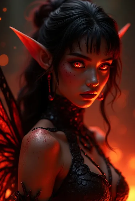 upper body shot, a dark ghostly female fire fairy with fiery red skin, ethereal and unreal appearance, (((Fire Red Skin: 1.4))), red eyes, red/black hair, pointed ears, body covered in black obsidian, natural black obsidian ornaments, complex fantasy chara...