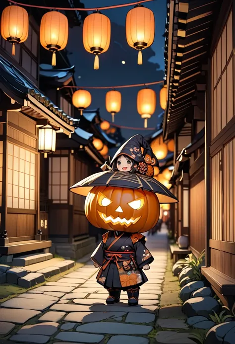 (masterpiece, best quality),
chibi, Japanese-style Jack-o-lantern at the Edo period. pumpkin-head on head,
(The pumpkin head has a mischievous grin with glowing eyes and sharp teeth),
Jack-o-lantern wears traditional Japanese adorned, in dark autumnal colo...