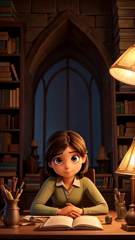 Arya sitting at a table with books around her, studying late at night under the dim light of a lamp.