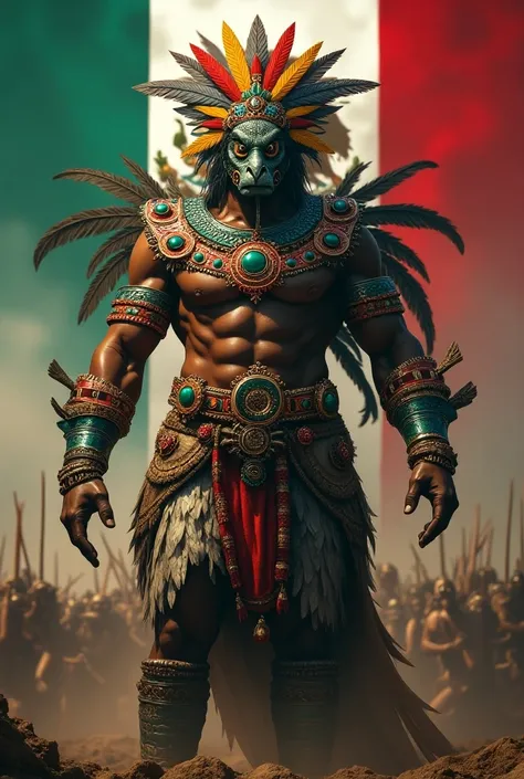 "Design a humanoid figure with a muscular physique and the head of a feathered serpent, wearing a crown of feathers and jewels. The figure has strong arms and legs, adorned in Aztec ceremonial clothing. Background Mexico flag with battlefield.