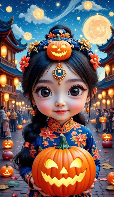 Large Peking Opera facial mask pattern background,simple atmosphere,funny pumpkin lantern carved lion headdress dress up,Chinese beautiful girl,cute and cute,girl Peking Opera facial makeup style,naughty and funny posture,small gourd waist hanging around t...