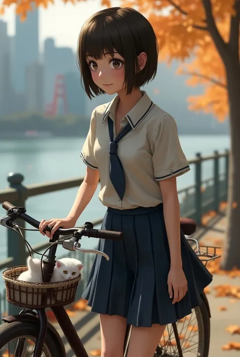 1cat, solo, closeup, 1girl, portrait of ellie(the_last_of_us) with a white cat, bob cut, (white school uniform, seethough, sweat, serafuku, navy_blue pleated long skirt,necktie worn below), walking push bike by the river (building, city backgroud), (maple ...