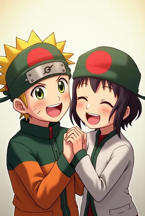 "Naruto and Sakura wearing Bangladesh flag in his head and smiling."