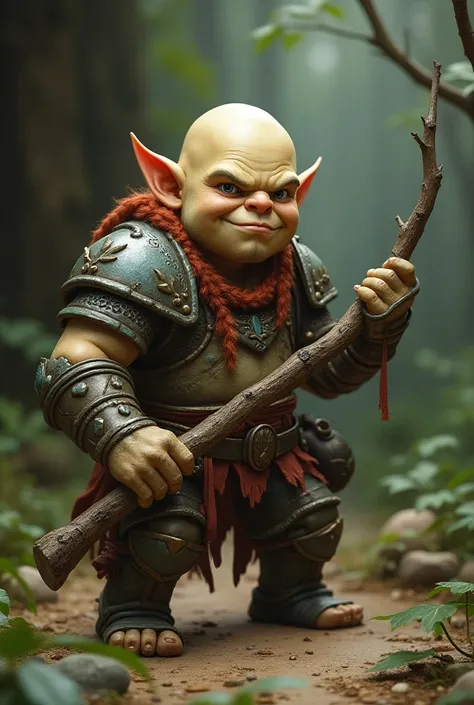 Ogre  ( bald )  cute little warrior in armor with a branch in one hand and a stone in the other hand drawing  .Realistic Color