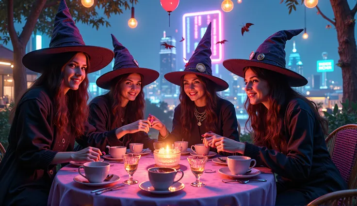 wizard tea, magic tea , magic, handsome witches, highly detailed realistic eyes, happy, vibrant, colourful, ultra detailed skin ...