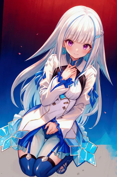 girl,lize helesta、Silver Hair、 long hair、smile、Embarrassed、 flat chest、 bodysuit、See-through、 Looking Here 、 High Resolution ,High image quality,