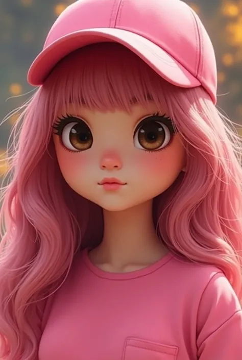  Profile woman fat round face brown color with black eyes chubby nose, chubby neck ,  pink cap and long pink hair without fringe with pink t-shirt 