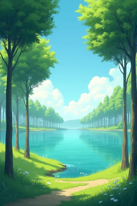 The image is a digital illustration of a beautiful landscape with a group of trees in the foreground. The trees are tall and slender with green leaves, and they are arranged in a line, creating a canopy over a body of water. The water is a deep blue-green ...