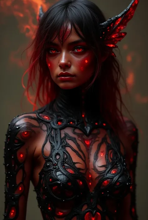 upper body shot, a dark ghostly female fire fairy with fiery red skin, ethereal and unreal appearance, (((Fire Red Skin: 1.4))), red eyes, red/black hair, pointed ears, body covered in black natural obsidian, black natural obsidian ornaments, complex fanta...