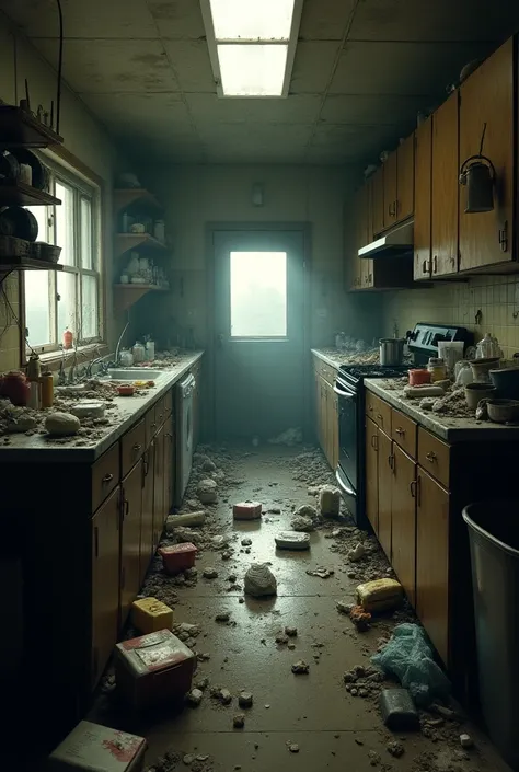  A large kitchen with upturned garbage , And clogging everywhere .  Image that shows the entire room in front of no one 