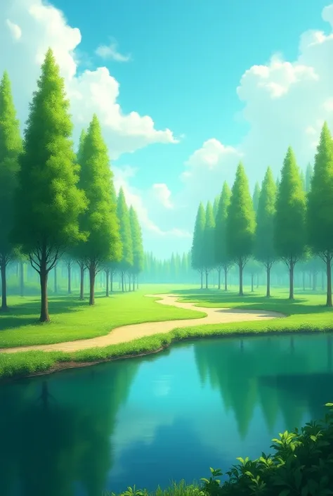 The image is a digital illustration of a beautiful landscape with a group of trees in the foreground. The trees are tall and slender with green leaves, and they are arranged in a line, creating a canopy over a body of water. The water is a deep blue-green ...