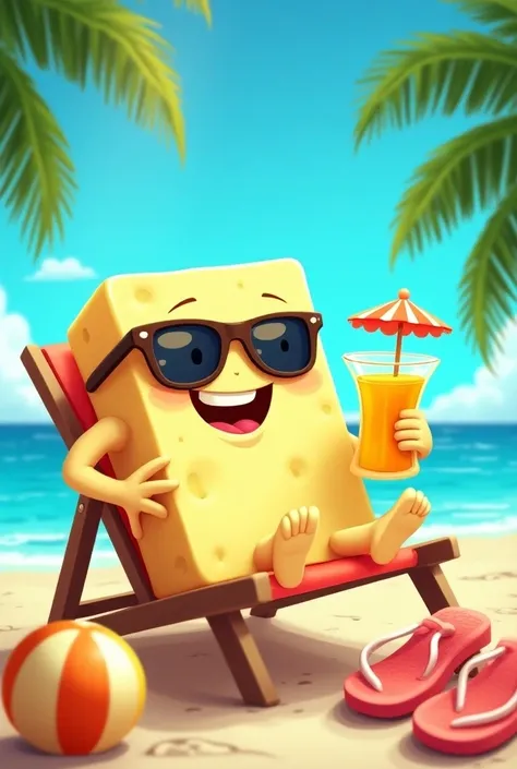 "A cartoon feta cheese block with a goofy smile, wearing sunglasses, lounging on a beach chair under a sunny sky. The cheese is holding a tropical drink with a little umbrella, surrounded by beach accessories like flip-flops and a beach ball. The backgroun...