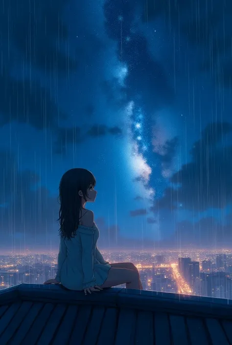 a woman sitting on top of a roof in the rain, anime art wallpaper 8 k, the milky way in the sky, photoreal, panoramic anamorphic, enchanted dreams. instagram, looking across the shoulder, by Tadashi Nakayama, 500px photos, beauttiful stars, 2 0 2 1 anime, ...