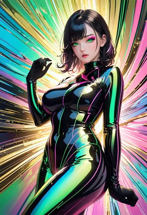 conceptual installation line artwork, cute beauty, wearing black rubber suits with fluorescent silver, fluorescent pink, and fluorescent green patterns, glossy silky hair, makeup, amorous expression, cortesy, elegance, dignity, captivating eyes, curvaceous...