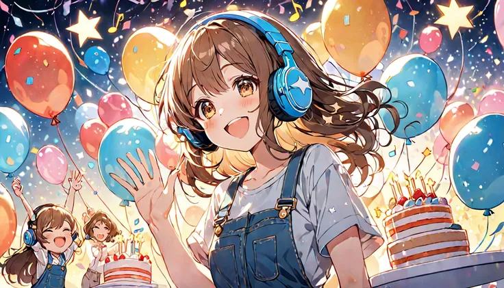 
 illustrations full of bright and festive mood 。The background is filled with musical notes and stars 、 balloons 。 a happy female character with a happy expression。Celebration cake 。The characters are one brown-haired girl with rough clothes 、Smiling and ...