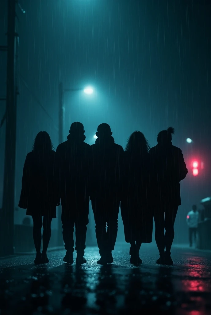 6 people on a dark and rainy night 