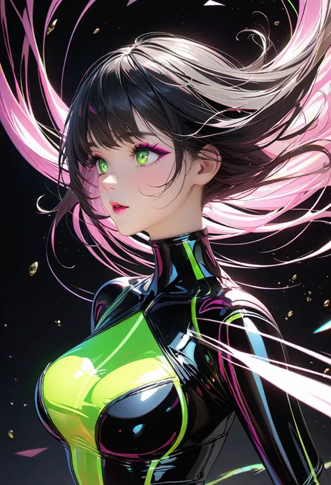 conceptual installation line artwork, cute beauty, wearing black rubber suits with fluorescent silver, fluorescent pink, and fluorescent green patterns, glossy silky hair, makeup, amorous expression, cortesy, elegance, dignity, captivating eyes, curvaceous...