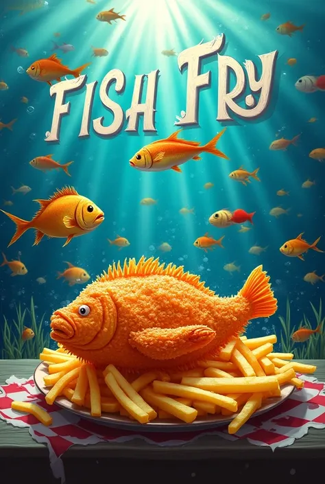 Create a poster where background is fish and chips titles BULBULIR FISH FRY