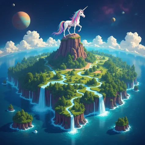 A super large map illustrated of an island, forest, grass lands multiple rivers and falls, 6 islands, unicorn rainbow colors, avatar movie kind of background, floating rock with veins, planets in sky, 