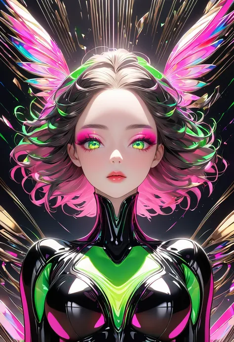 conceptual installation line artwork, cute beauty, wearing black rubber suits with fluorescent silver, fluorescent pink, and fluorescent green patterns, glossy silky hair, makeup, amorous expression, cortesy, elegance, dignity, captivating eyes, curvaceous...