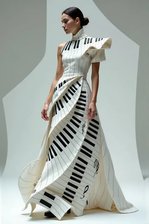 Avant-garde dress with concept of musical notes and piano keys 