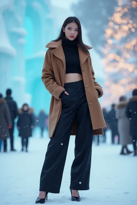  A woman wearing barefoot DOrsay pumps and a crop top on Harbin Snow & Ice festival surrounded by other visitors in winter clothes 